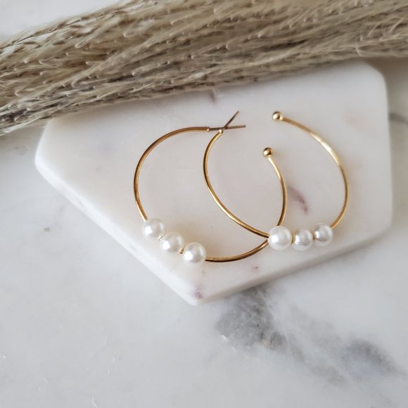 5 for $25 Gold Color Pearl Decorated Hoop Earrings - Picture 3 of 5